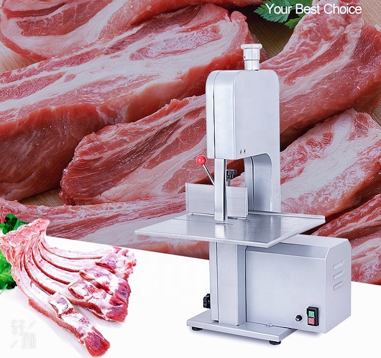 commercial bandsaw cutting beef bone, pork ribs, frozen meat, whole poultry